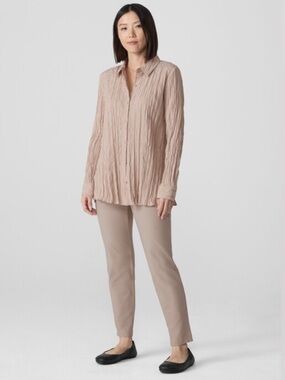 NWT Eileen Fisher Crinkle Silk Habutai Classic Collar Shirt Long Length Sz XS